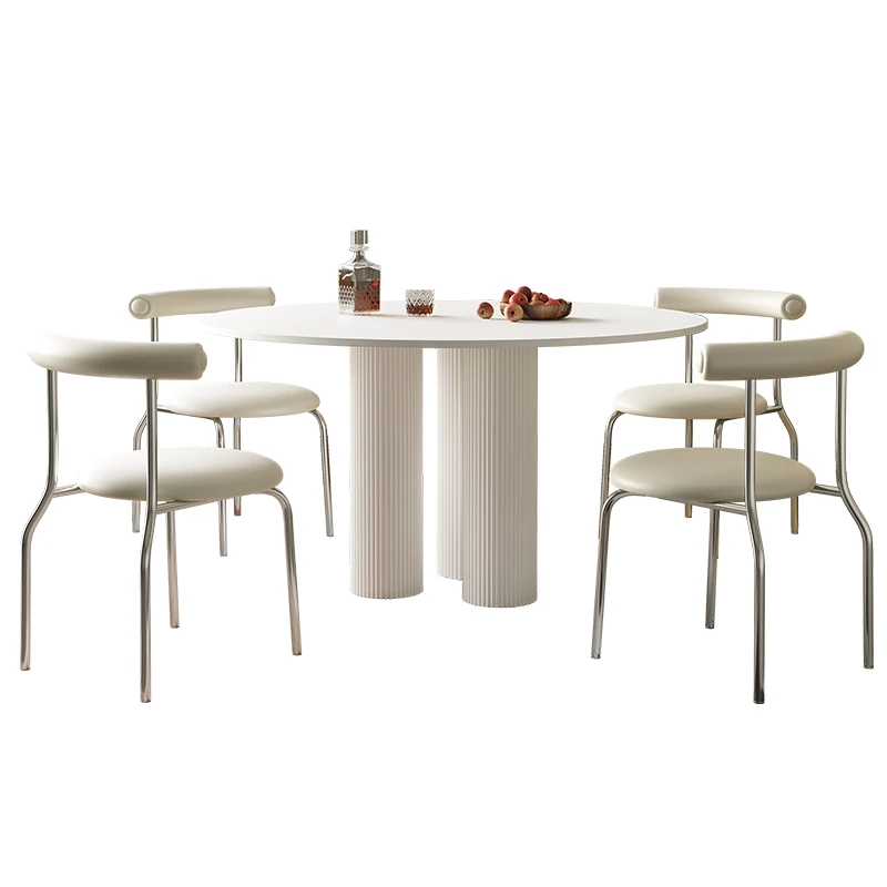 Minimalist Cream Style Slate Small Round Table Small Household Roman Column Round Dining Table and Chairs