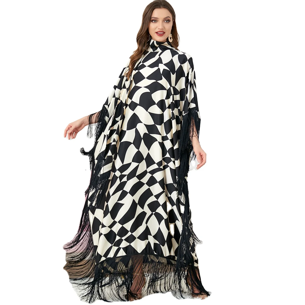 Burqa Tassel Digital Print Batwing Sleeves Turkey  Dubai Dress Women Kaftan Dresses Ethnic