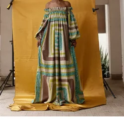 New Design High Quality Wholesale  Africa Print Women Clothing Long Sleeve Off Shoulder Elastic Frilled Neck Maxi Dress