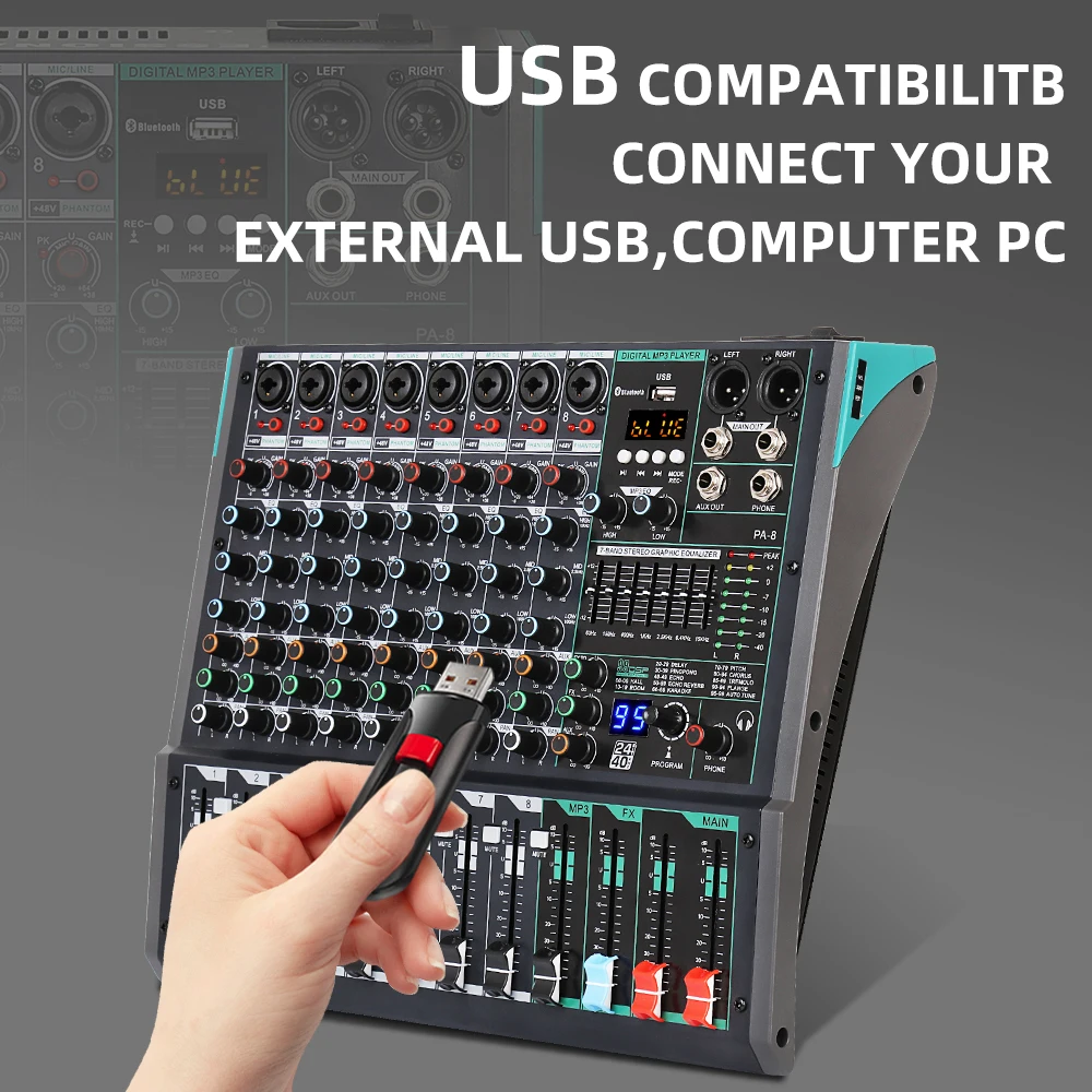 Rayco PA8 Audio Mixing Console Wtih MP3 Computer Input Built-in 99 Reverb Effect 8 Channel usb Audio Mixer