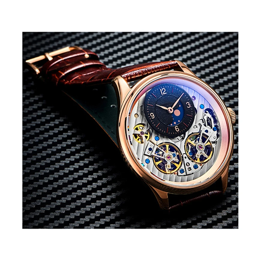 Fashion stainless steel case double skeleton ultra-thin waterproof men business mechanical watch