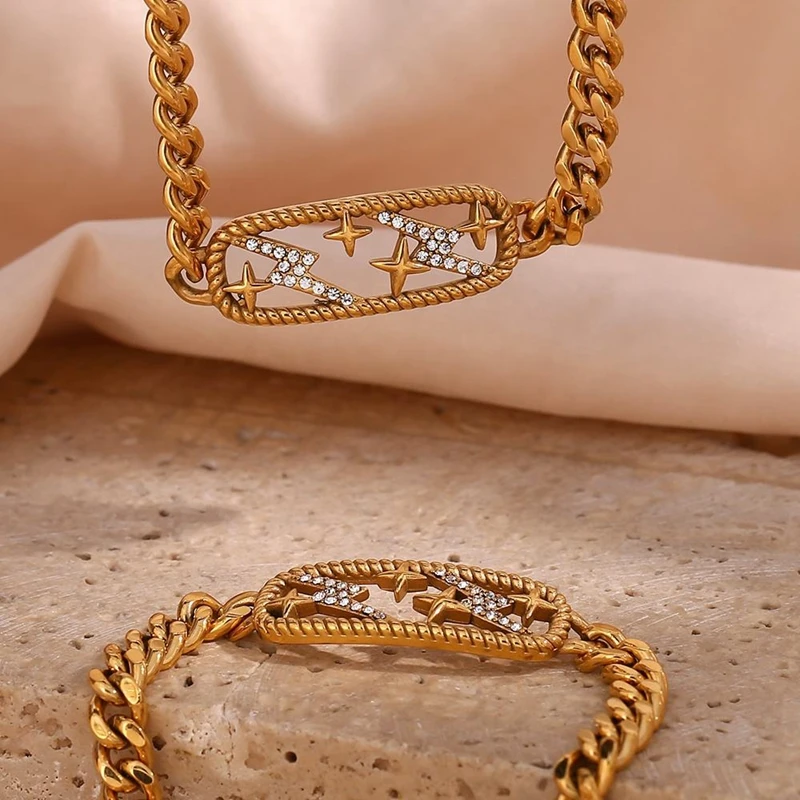 18K Gold Plated Twisted Zircon Lightning Choker Necklace Unisex Star Pendant with Link Chain Silver Cuban Chain Necklace