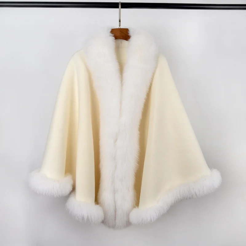 100% Cashmere Women Wool Knitted Poncho Women Winter Real Fox Fur Shawl