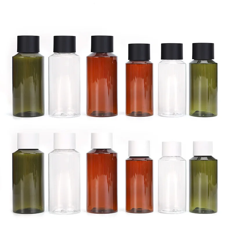 ABS white/black cap hydrosol bottle 100ml brown slant shoulder PET twist cap bottle