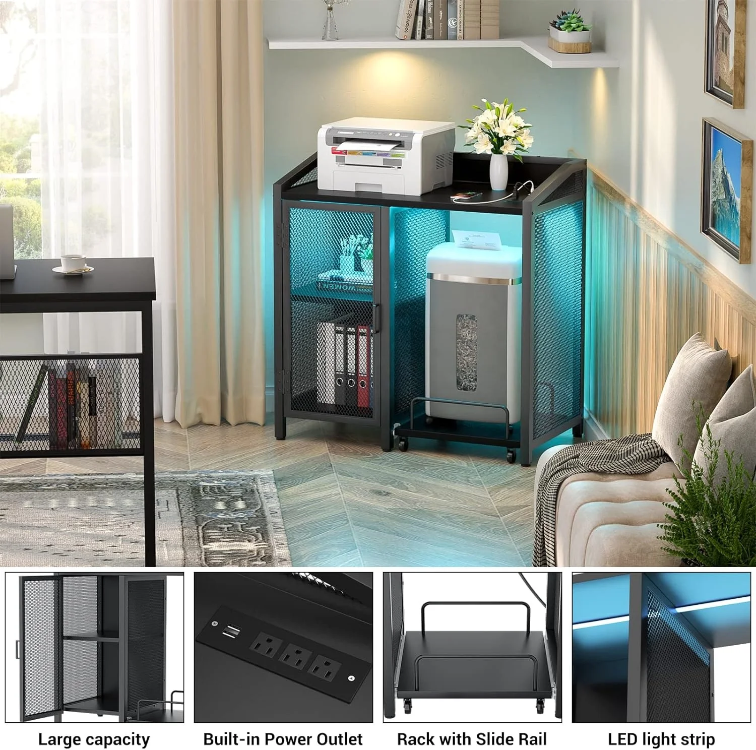 Adjustable Storage Shelves Home Office Furniture Printer Stand with Sockets Large Deskside Printer Table for Kitchen Use