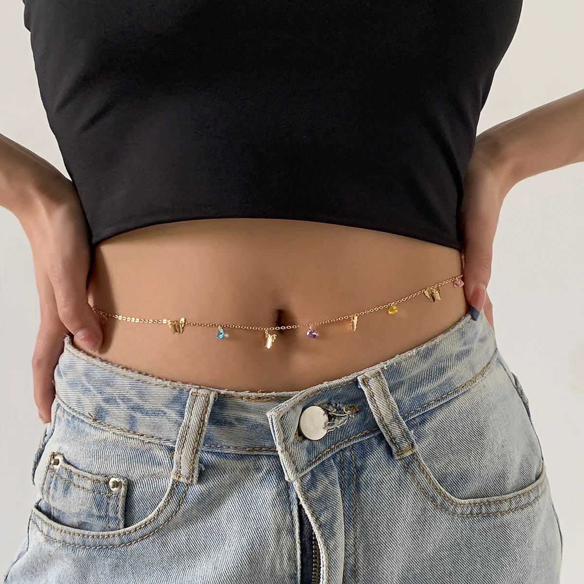 SHIXIN Bohemia Butterfly Pendant Waist Chain Colorful Geometric Acrylic Beaded Belly 2021 Trendy Body Jewelry