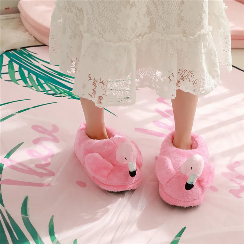 Pink Flamingos Plush Slippers Women Men Cotton Winter Home Animal Slippers