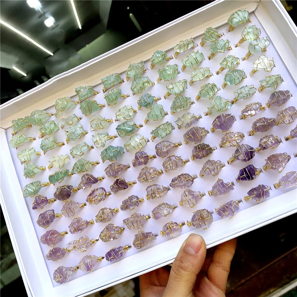 Fashion Wire Wrap Natural Rock Mineral Quartz Stone Women Rings Resizable Healing Amethysts Fluorite Purple Crystal Finger Ring