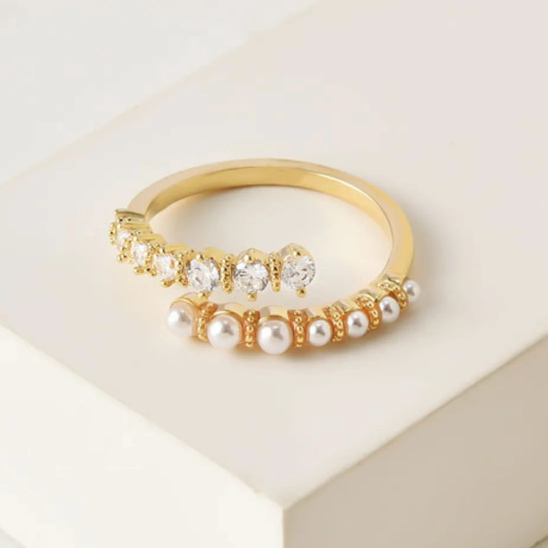 14k gold plated brass adjustable open rings jewelry inlaid with pearl zircon rings for women