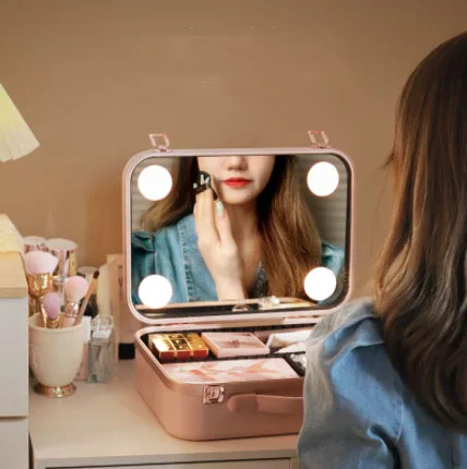 New resolution personal portable makeup station travel makeup case box with lights beauty cosmetic case for makeup