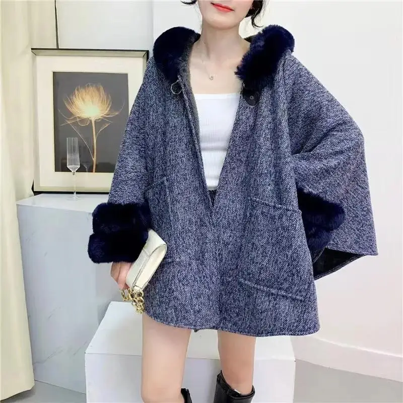 Faux Rabbit Fur Neck Big Pendulum Cloak Women Cardigan Mantle Winter Warm Thick Poncho Loose Streetwear Overcoat With Hat Pocket
