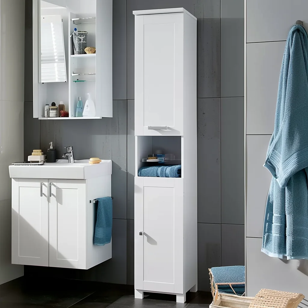 Modern Bathroom Storage Cabinet Tall Floor Standing Unit with 2 Doors 1 Compartment 1 Drawer High Gloss Front for Hotels