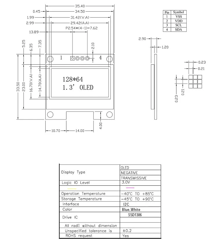 Topwin manufacturer direct sales 1.3 inch 128x64 pixel blue oled display module 4-pin IIC interface with pcb board