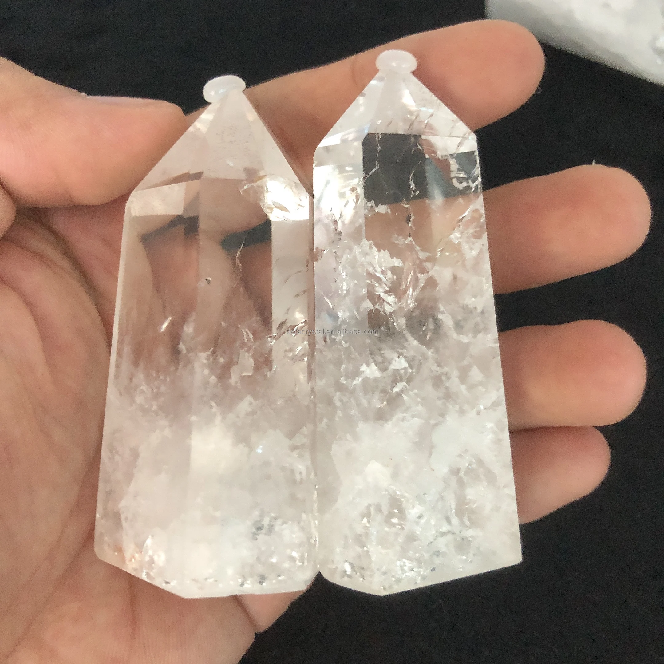 
Wholesales Clear Quartz Point Fire And Ice Crackled With Rainbow Tower Frizzling Clear Quartz Point For Decoration 