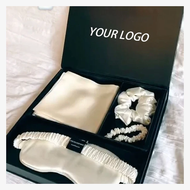 Wholesale 100% mulberry  luxury silk pillowcase with gift box logo silk eye masks and pillowcases with sleeping