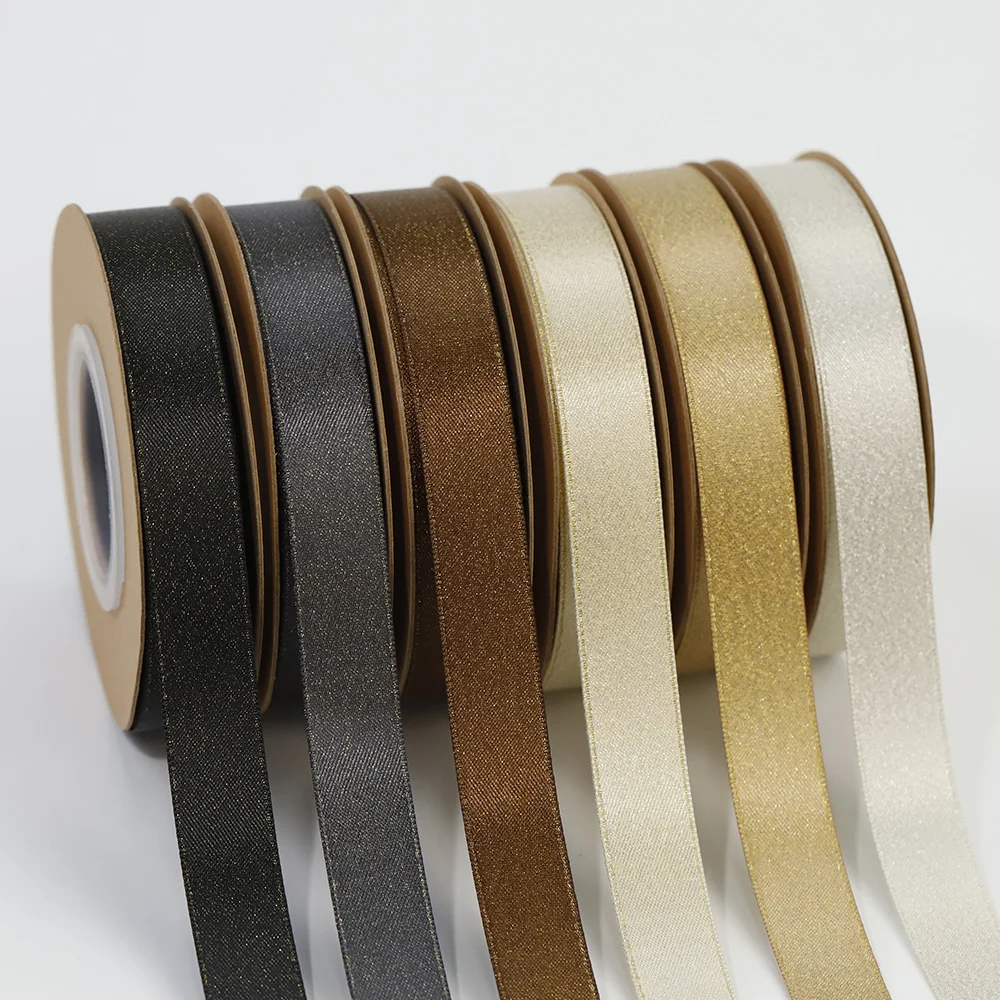 Lude Custom 20mm Luxury Gold Glitter Satin Ribbons Solid Color Double Face Ribbon for Gift Garment Decoration