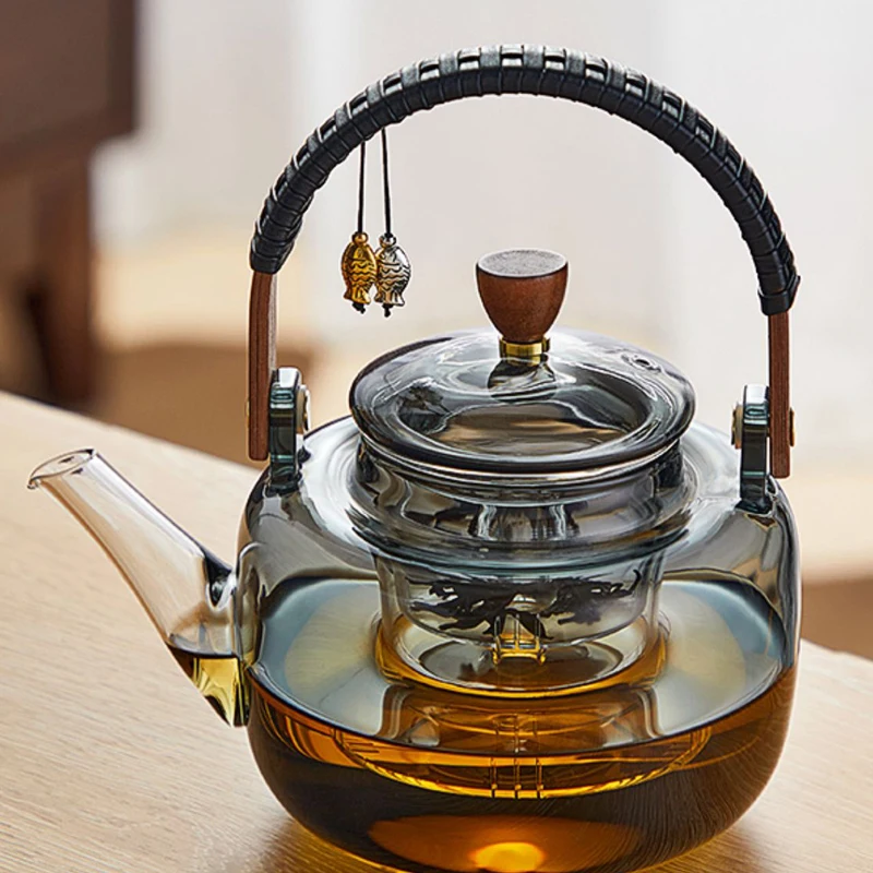 High-End Modern round Grey Glass Teapot with Wooden Handle Stove-Safe Boiling Kettle with Glass Filter Infusers for Parties