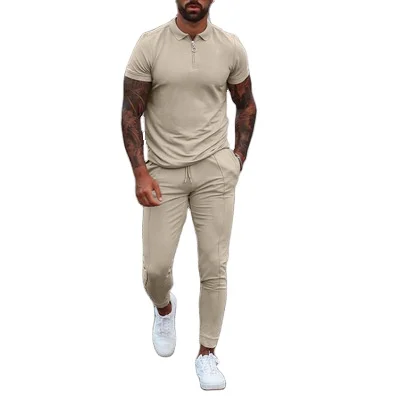 New men clothes short sleeve trendy casual youth men two piece sets solid color men set