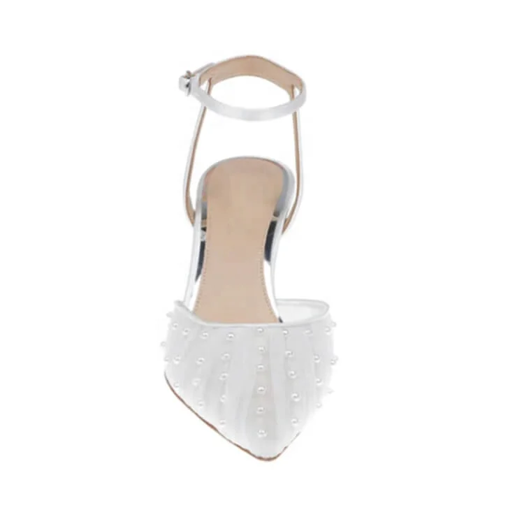 Hand-sewn Pearls White Mesh Low Heel Wedding Shoes