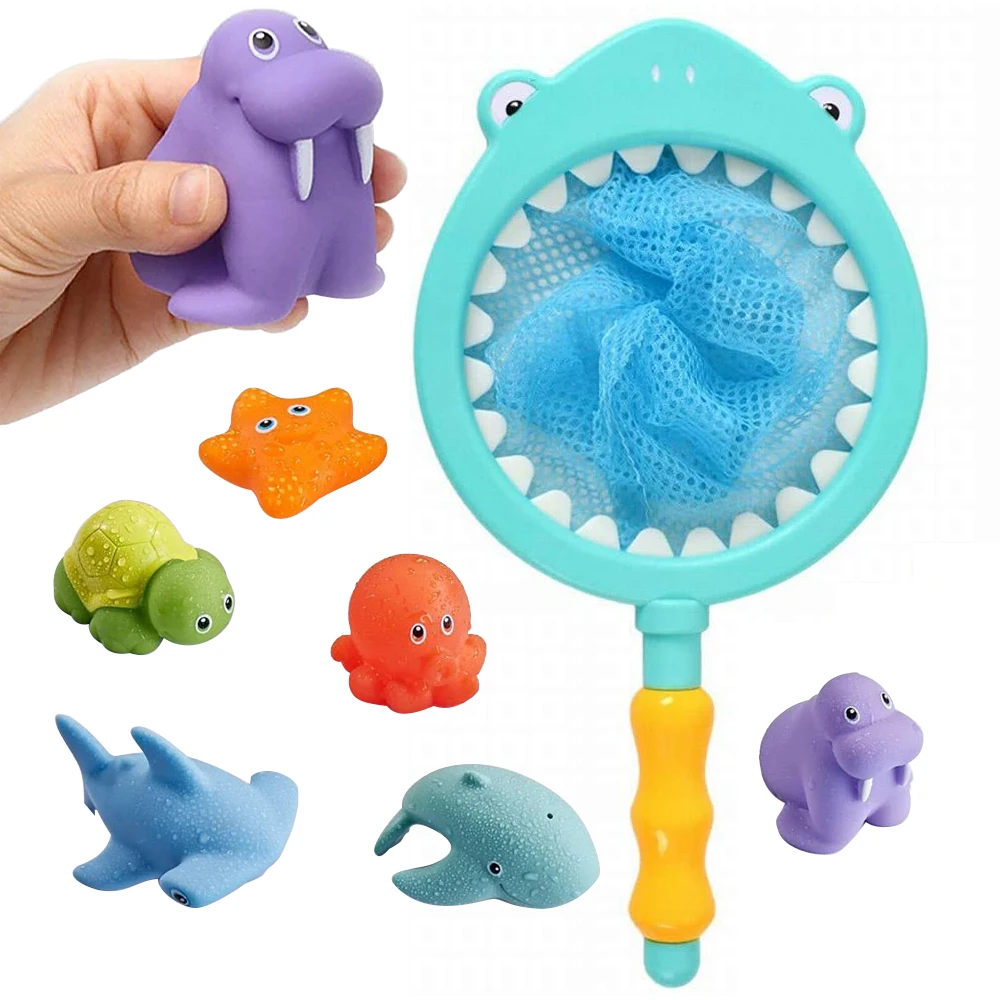 Discoloration Floating Squeeze Spray Water Sea Animals Whale Fishing Net Toy Play Set Kids Baby Bath Toys for Toddlers