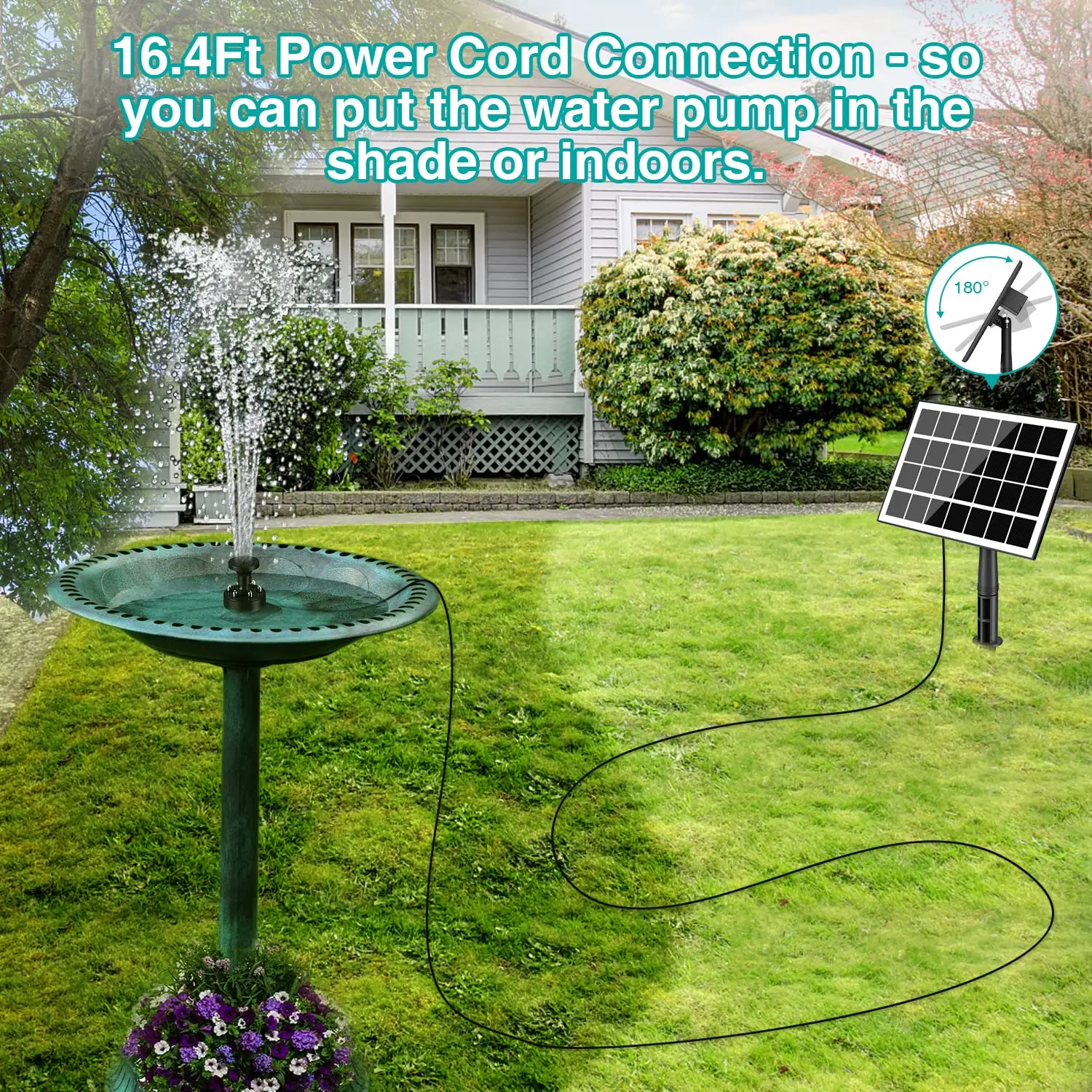 Solar Fountain Pump 2023 Upgraded 100% Glass Panel with White LED Lights 40CM Power Cord for Bird Bath 2000mAh Battery included