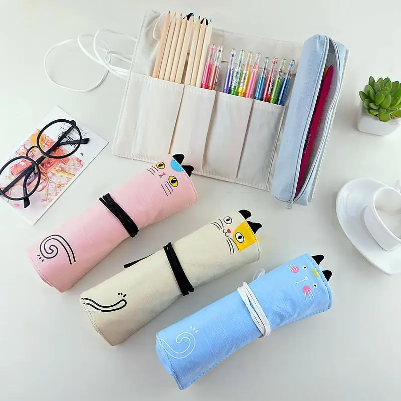 BEYOND wholesale large capacity cute cat canvas roll pencil bag sketch color pencil case for kids school girls