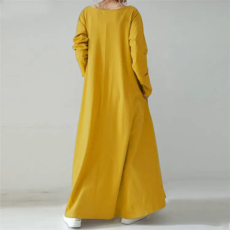 Latest autumn women clothing oversized long casual dresses plus size solid color long sleeve v neck maxi dress with pockets