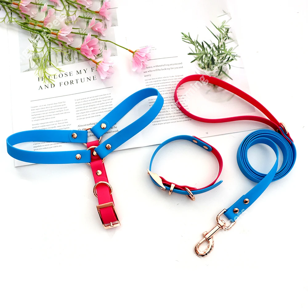 PVC color blocking plastic waterproof metal insert buckle wholesale custom logo pet dog and cat outdoor sports harness set