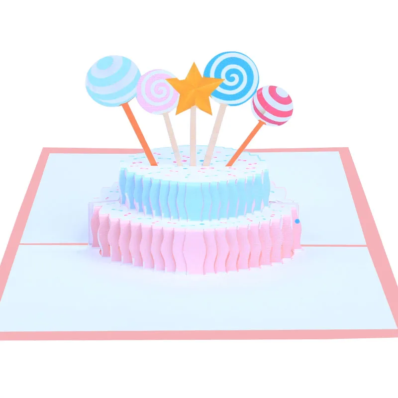 Happy Birthday Cake With Stars and  Lollipop 3d Pop Up Greeting Card  with Envelope for Kids Girls Boys Women Men