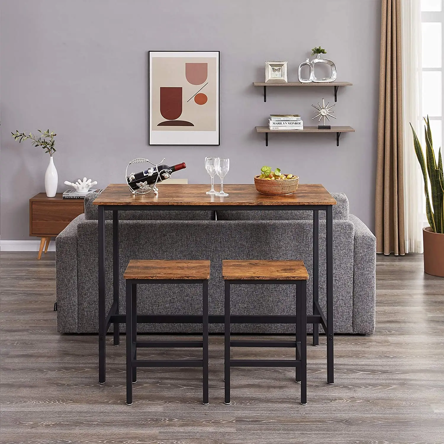 Living Room Party Room Rustic Brown Bar Table Set 3pc Kitchen Counter Breakfast Bar Table Set With Stools