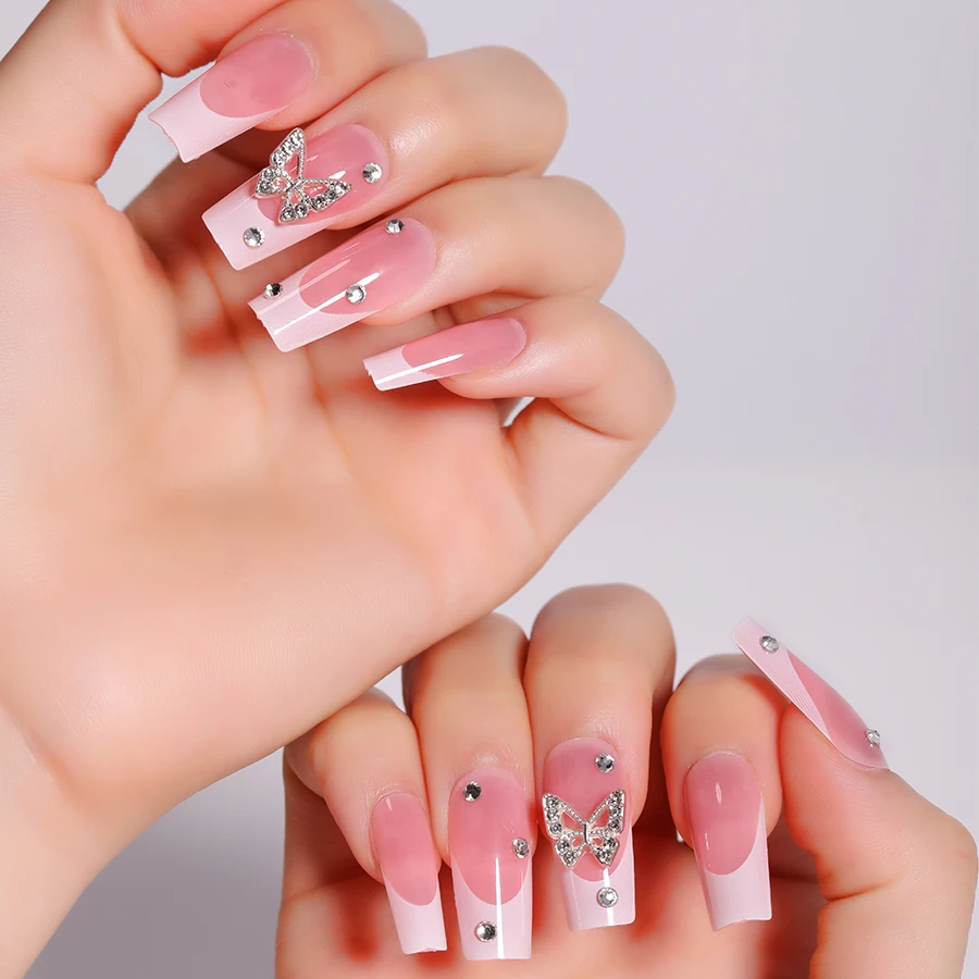 12 Sizes 24pcs Pink Artificial Fingernails French Gel Nails Press on Custom Print Press on Nails