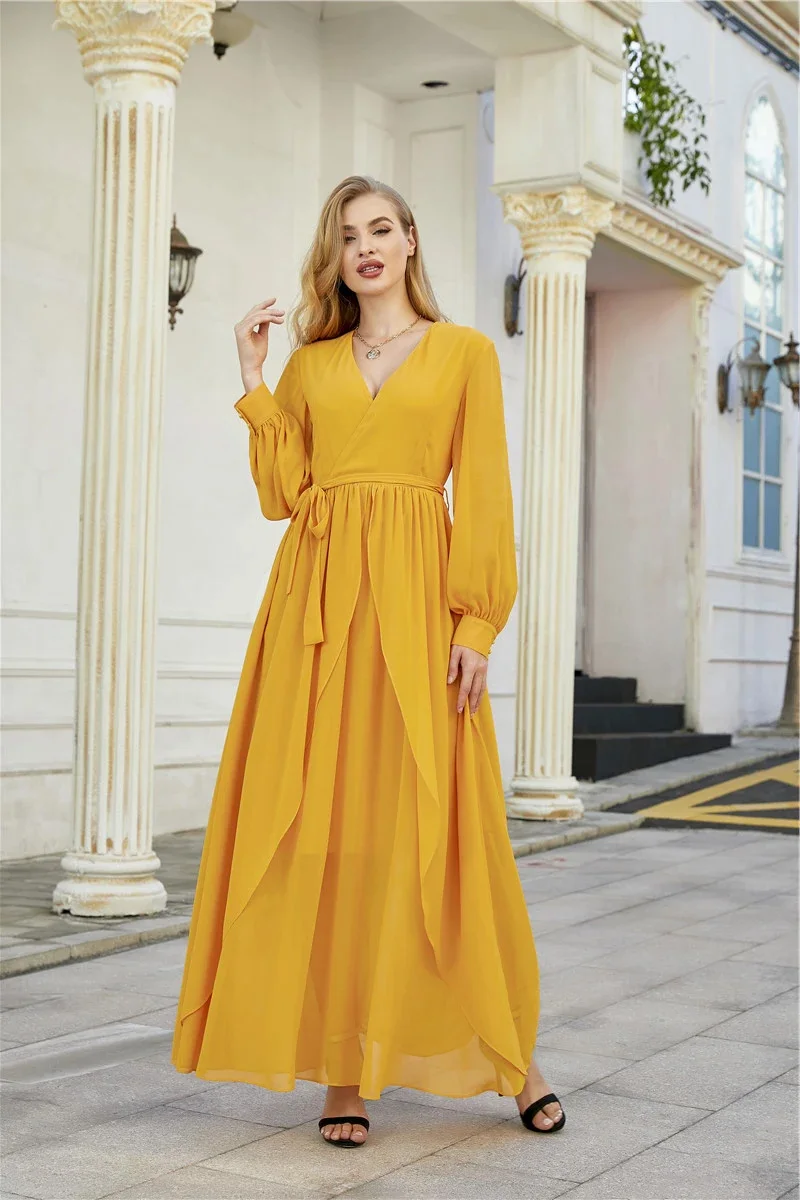 2021 New Womans Fashion Lady Yellow Chiffon Ruffle Ladies Maxi Long Dress Women Elegant Summer occasion Casual Dresses