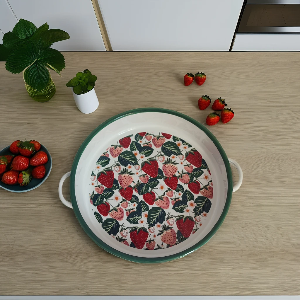 High Quality 25cm round Metal Fruit Tray with Handle Sustainable Enamel Technique Plate Dish for Serving Food for Camping