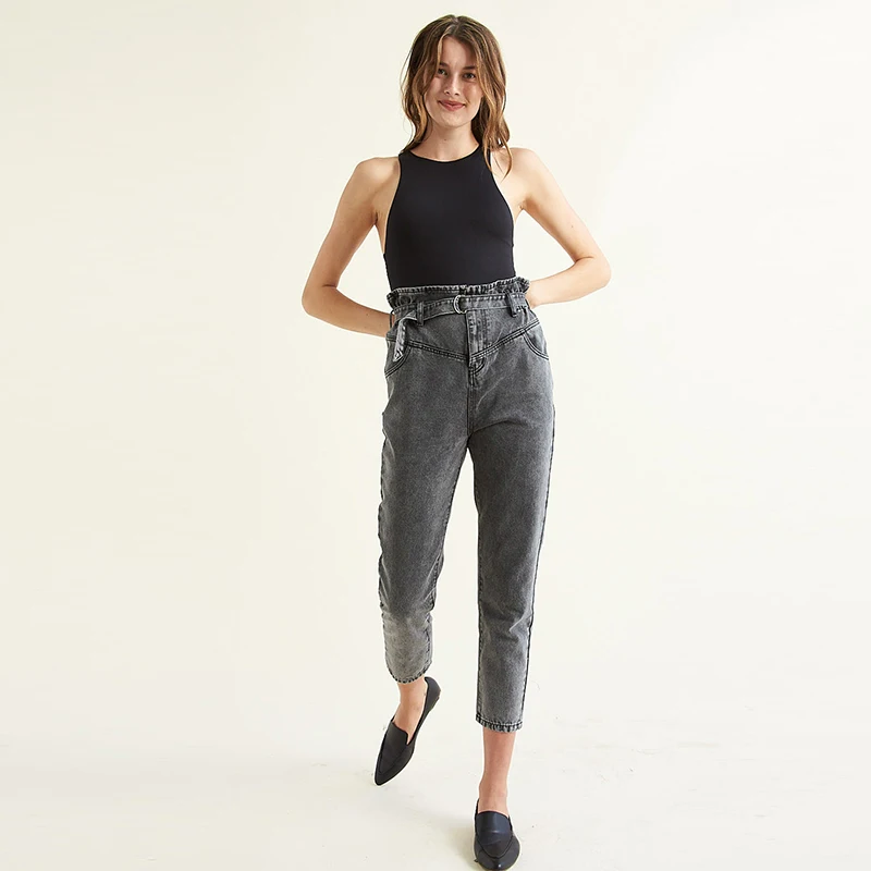 
2021 factory custom boyfriend jeans women Elastic Waist gray mom jeans vintage denim trouser  (1600191544505)