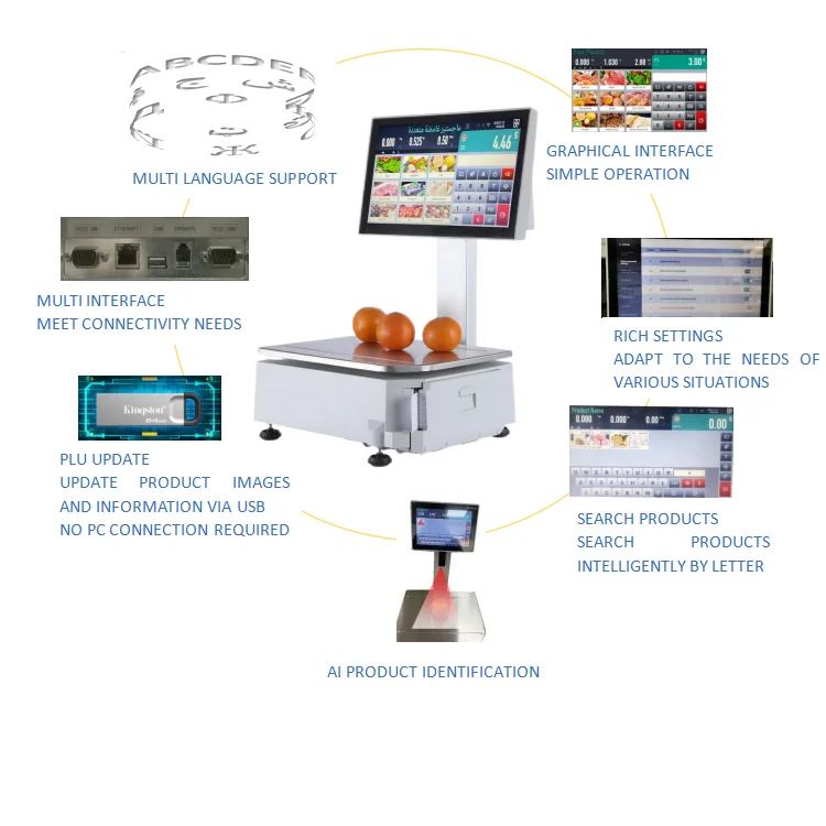 Waterproof Touch Point of OIML POS AI Scales 15.6 Inch PC POS Weight Machine with 58mm Printer Electronic Scale Balance