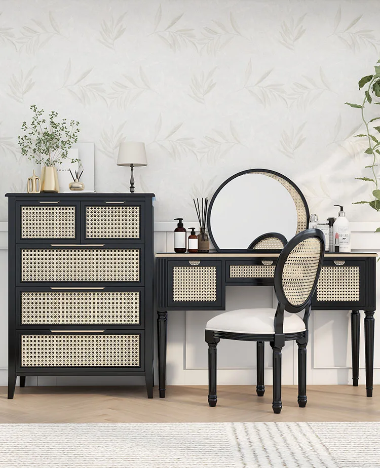 Wood Mirror Dresser For Bedroom Furniture Modern Makeup Vanity Drawer Set Wooden Rattan Dressing Table Designs