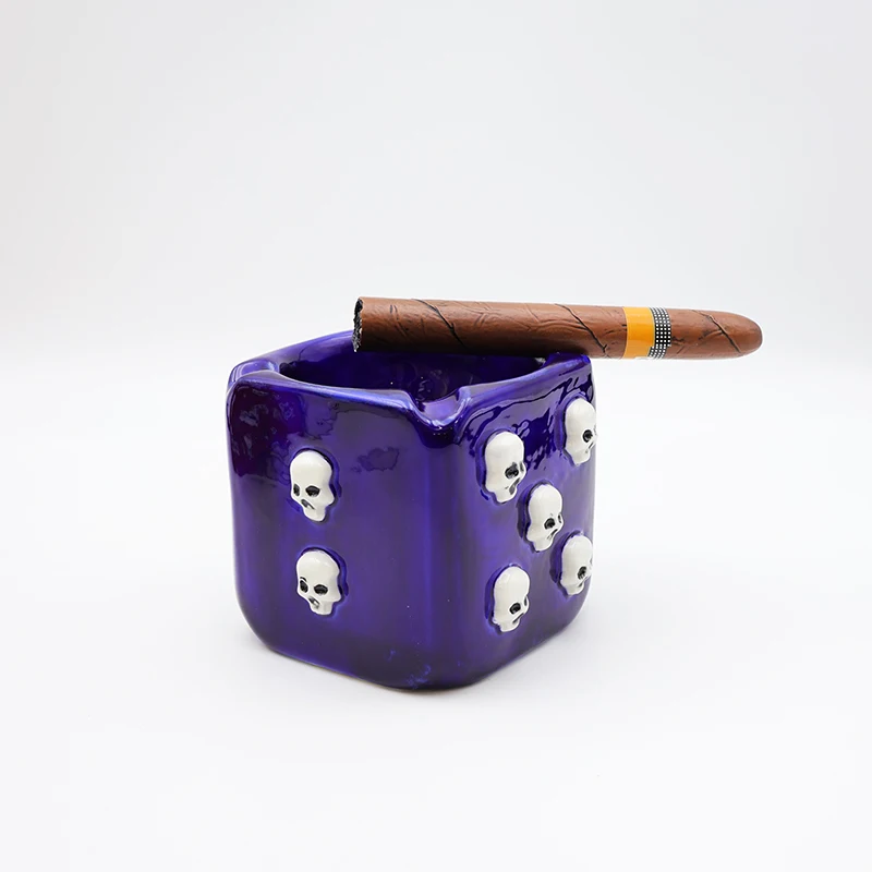 Custom logo new design ceramic skull dice ash tray high quality handmade outdoors smoking accessory cigar cigarette blue ashtray