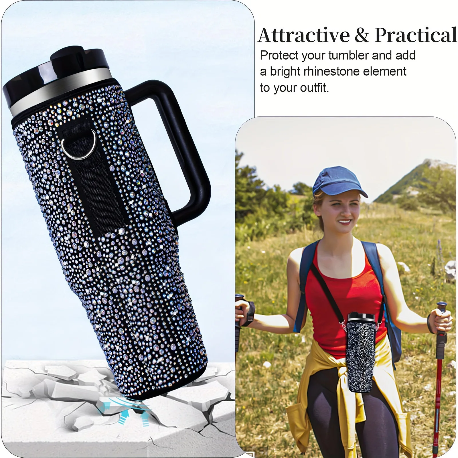 DD3139  Diamond Bling Water Bottle Holder with Suitable for 40oz Mug Adjustable Strap Carrier Bag Shiny Rhinestone Cup Sleeve