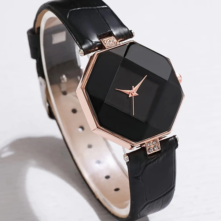 NJC Elegant Rhombus Dial 5pcs Ladies Quartz Watches Sets Rhinestone Leather Black Wrist Watch With Beads Bracelets Set