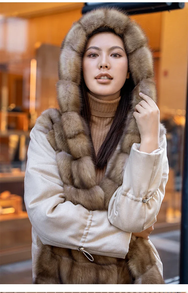 Wholesale Custom Real Russian Sable With Cashmere Classic Natural Color Hooded Short Fur Coat For Women
