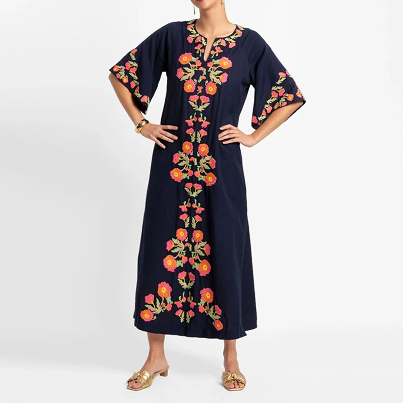OEM Embroidered Charming  Embroidery Navy maxi dresses Custom  embroidery for women