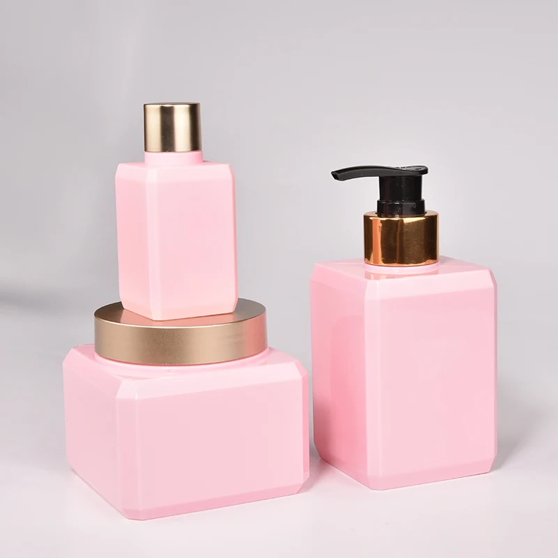 Recyclable Cosmetic Packaging Set 60ml 240ml 300ml Square Pink PETG Bottle Liquid Soap Dispenser Bottle For Lotion Shampoo