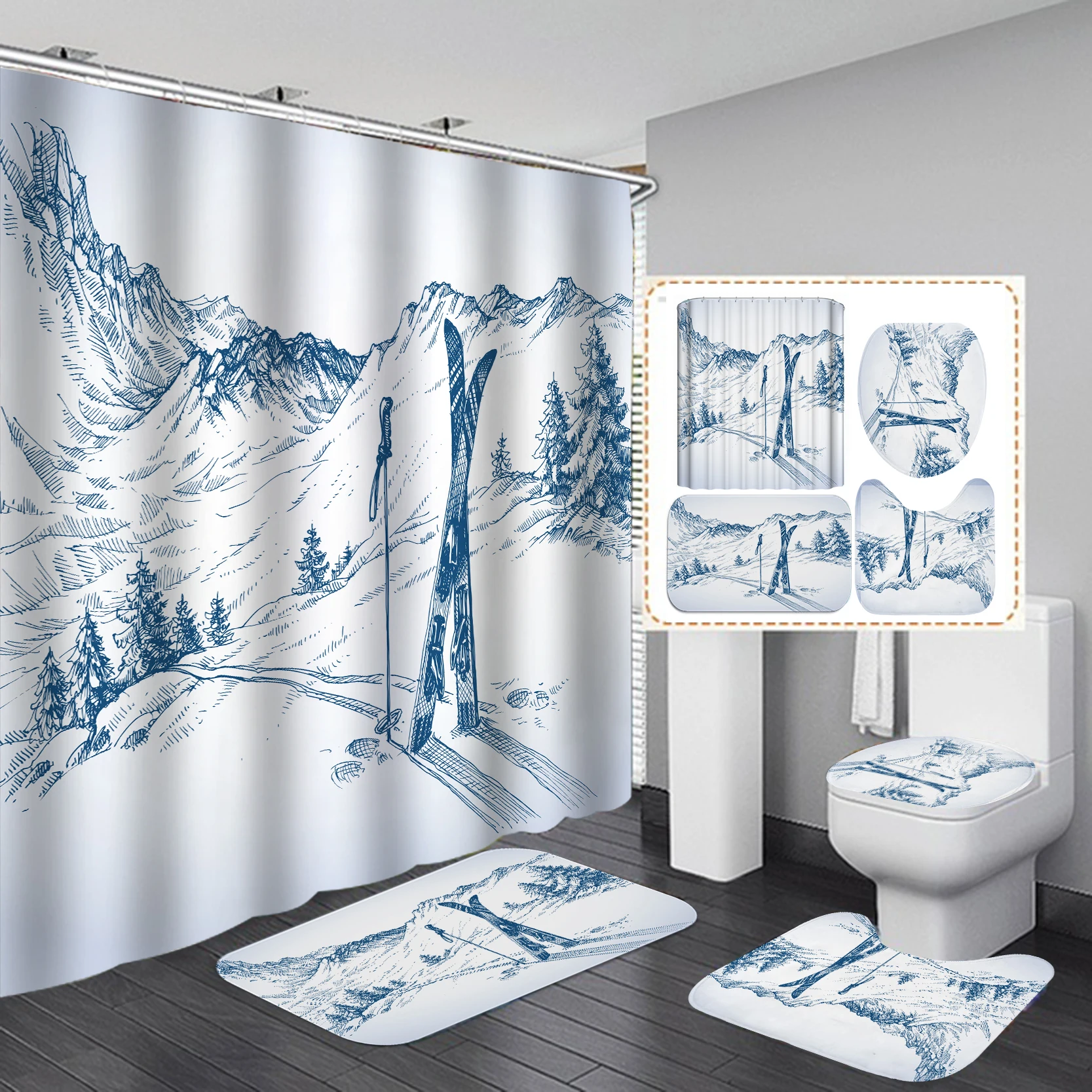 
Hot Designs 4PCS Marble Shower Curtain Set Polyester Bathroom Curtains with Toilet Carpets Rugs Mats 