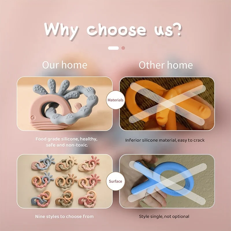 Wholesale Non-toxic Silicone Wood Ring Teether Baby chew Toys Silicone Elephant octopus whale Teething Toys For Baby