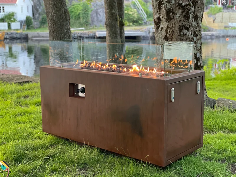 Large square Corten steel metal outdoor gas fire pit