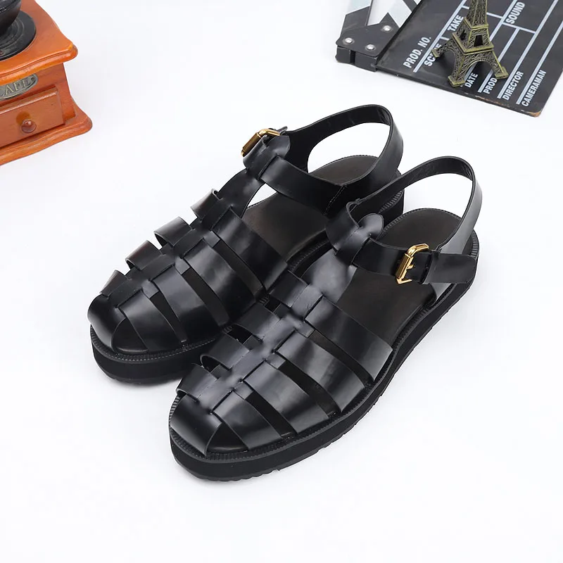 2024 new Simple Black Casual Shoes  round Toe Design  Comfortable Wedge Shoes Lace Up Cross Straps Platform Sandals