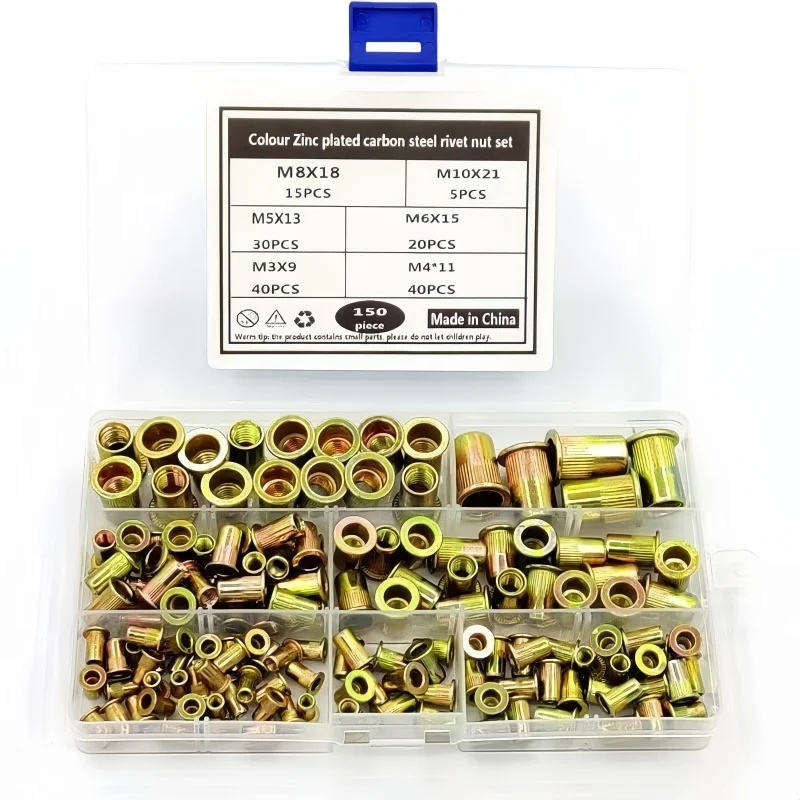 150pcs M3-M10 Zinc Plated Carbon Steel Knurled Nuts Rivnut Flat Head Threaded Rivet Insert Nutsert Cap Rivet Nut