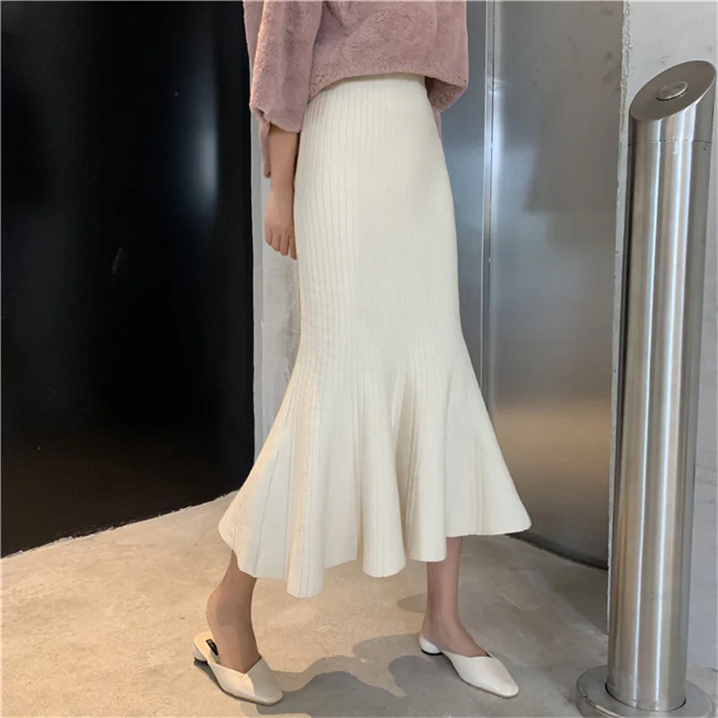 2023 Autumn Fashionable Women High Waist Loose Hip Grid Pleated Knit Fishtail Midi Dress Swearer Skirt