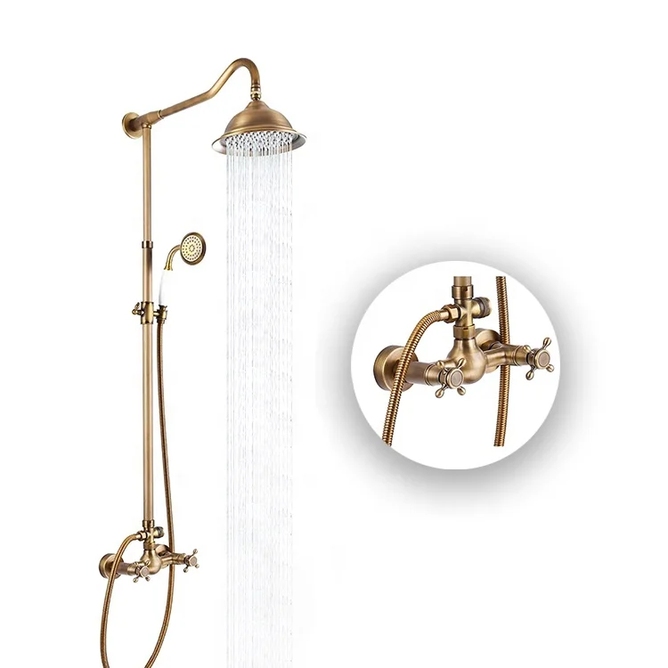 Antique Brass Shower System Double Cross Handle Bathroom Shower Faucet