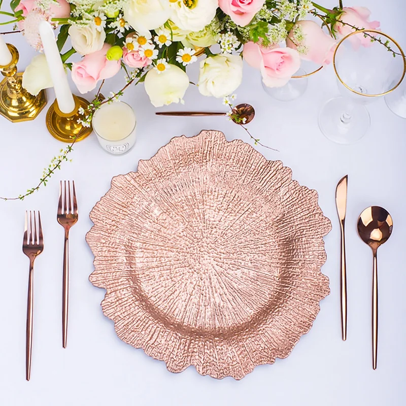 wavy plastic purple pink rose gold beaded white black charger plates new wedding and restaurant decoration charger plate wedding